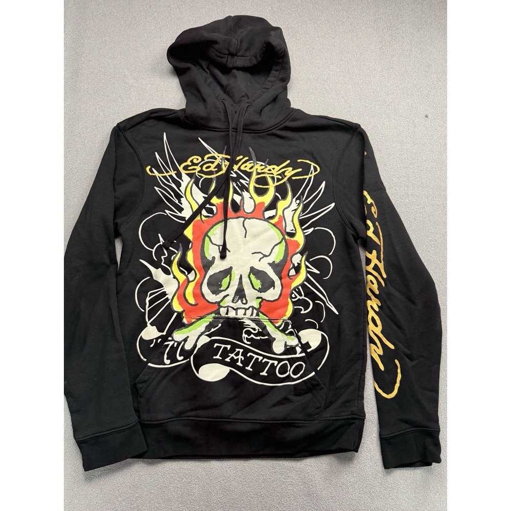Ed Hardy Hoodie Woman Small Black Pullover Fleece Skull Tattoo Graphic